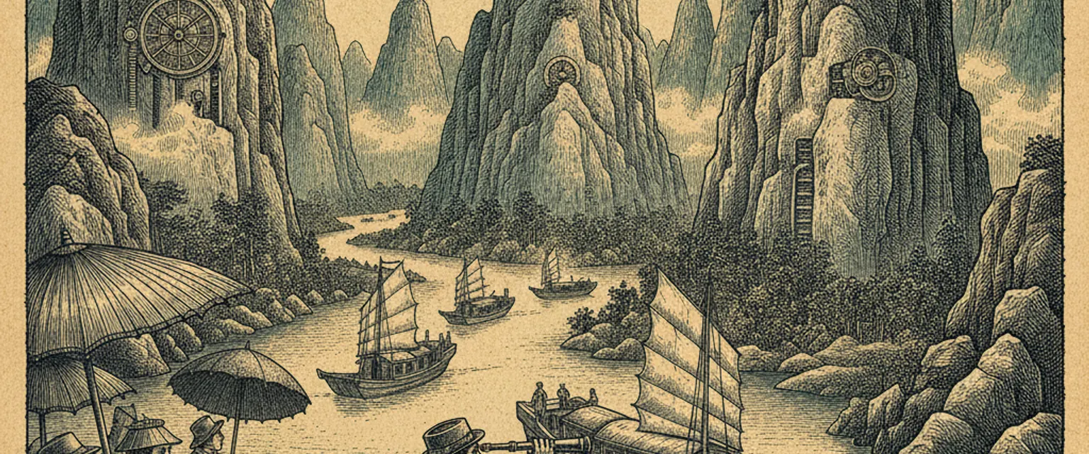 Misty limestone karst peaks rising along the green Li River near Guilin with a bamboo raft in the foreground