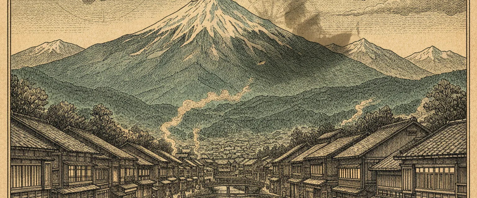 A preserved street of dark wooden merchant houses in old Takayama with mountains behind