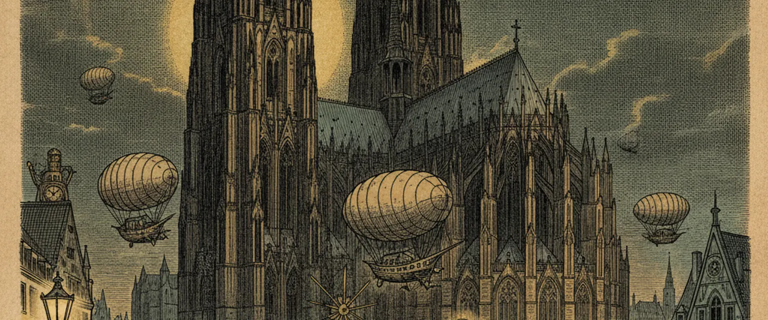 Cologne Cathedral's twin Gothic spires towering over the Rhine river and the old town