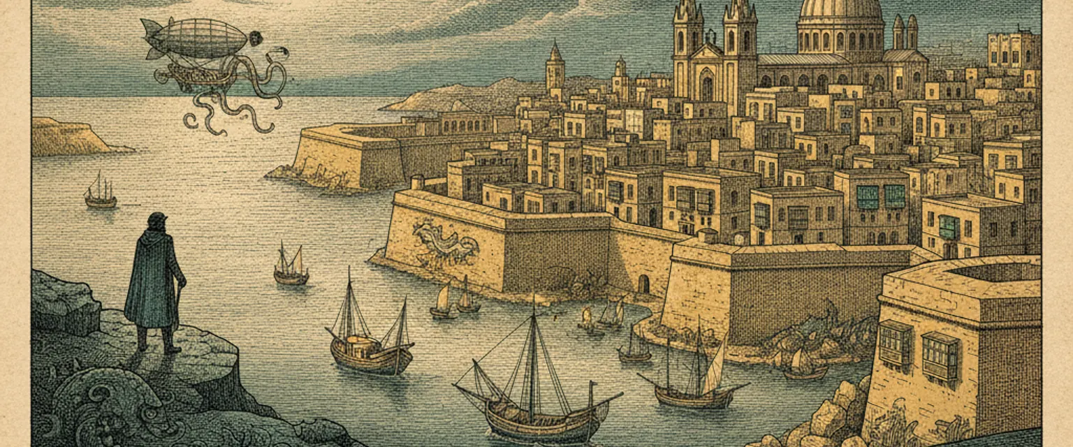 Golden limestone buildings of Valletta rising above the Grand Harbour at sunset