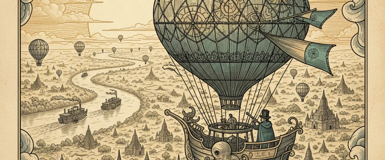 Hot air balloons drifting over the Bagan temple plain at sunrise