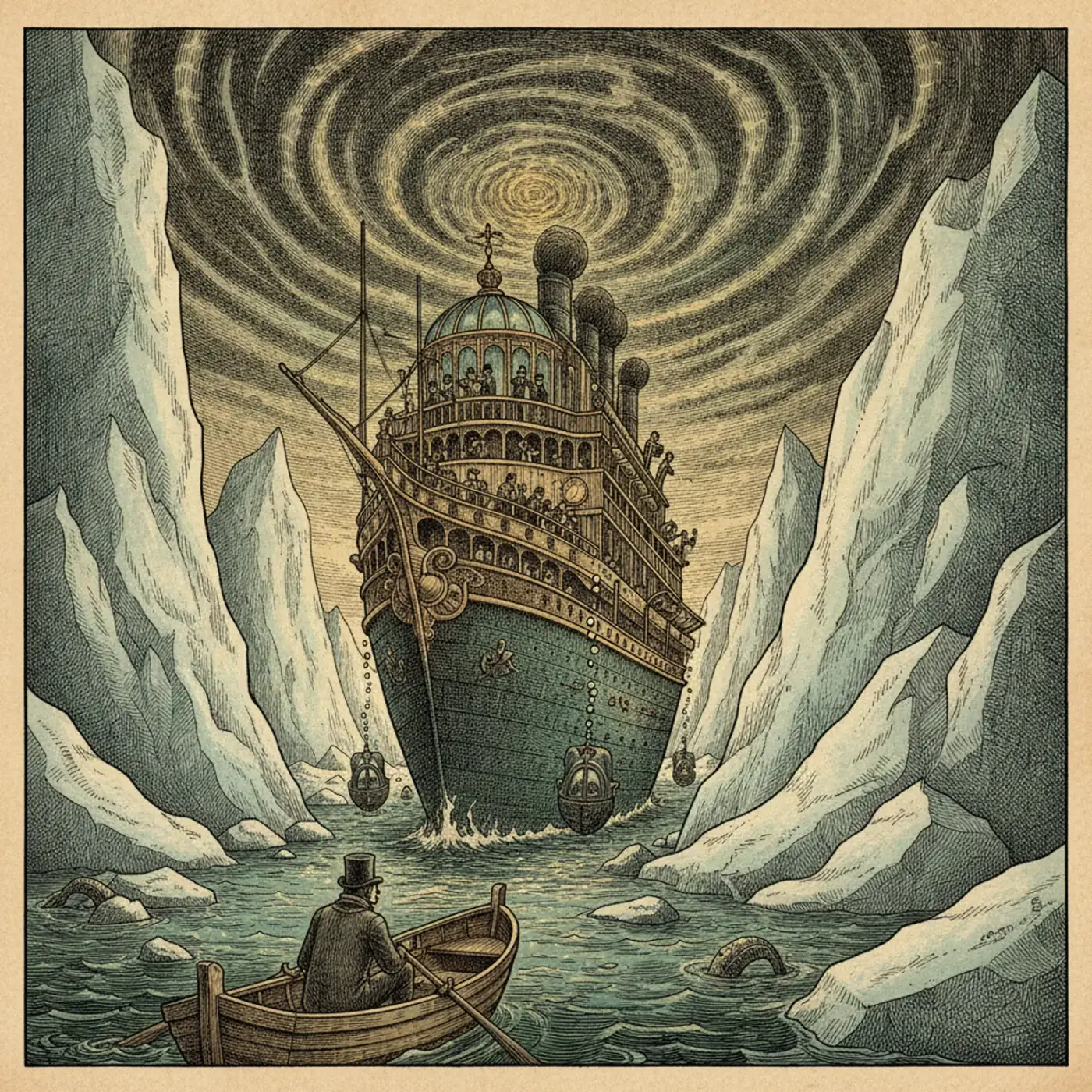 A small expedition ship dwarfed by blue-white icebergs under a grey Antarctic sky