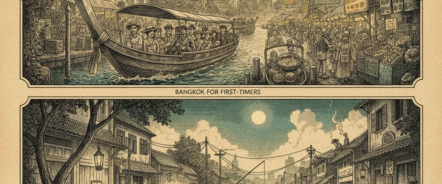 BTS Skytrain gliding over a busy Bangkok street at dusk