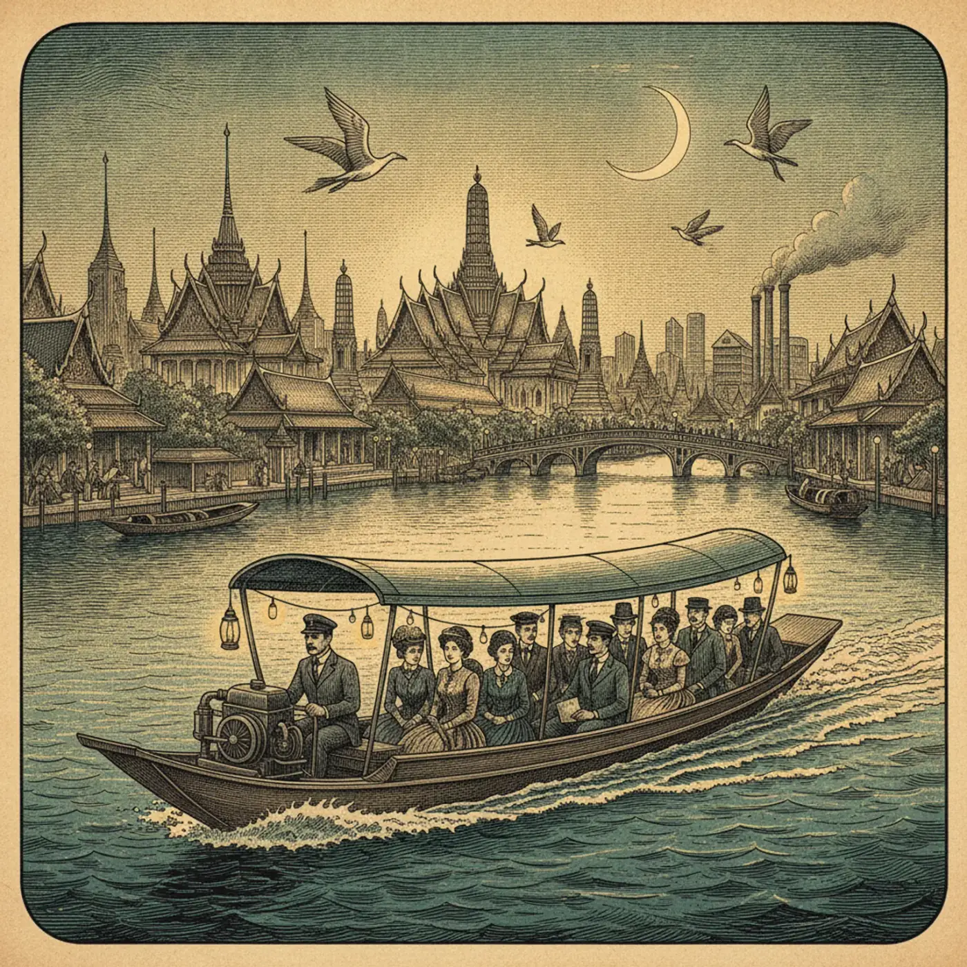 Long-tail express boat on the Chao Phraya River at dusk, Bangkok skyline behind, passengers boarding at a wooden pier