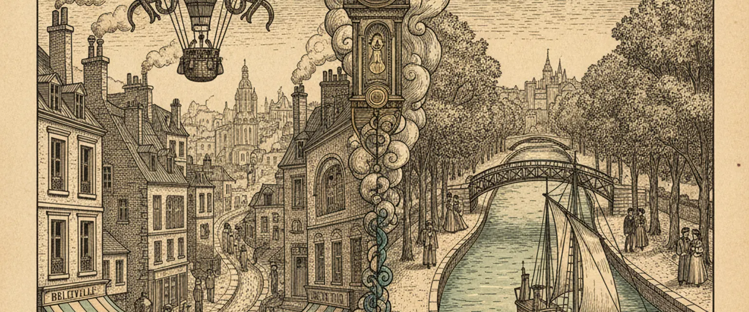 Engraved illustration of the tree-lined Canal Saint-Martin with iron footbridges in Paris