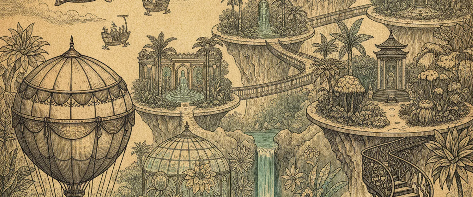 A vast Victorian glasshouse filled with tropical plants and palms