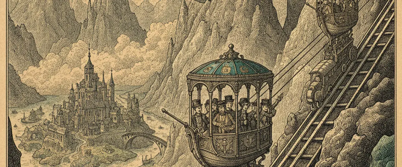 A glass cable car cabin suspended high above a snowy mountain valley