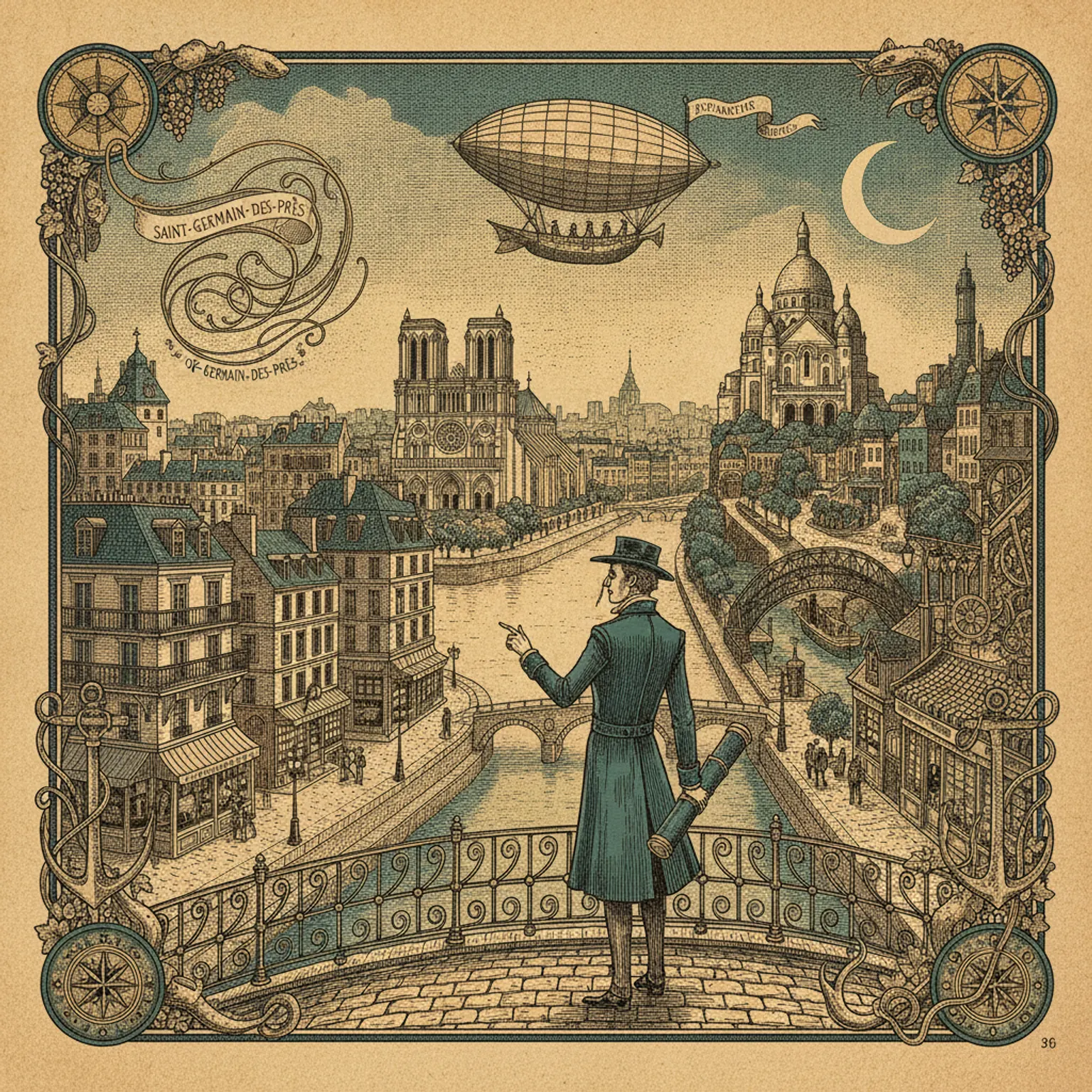 Illustrated map of Paris arrondissements in warm ink tones