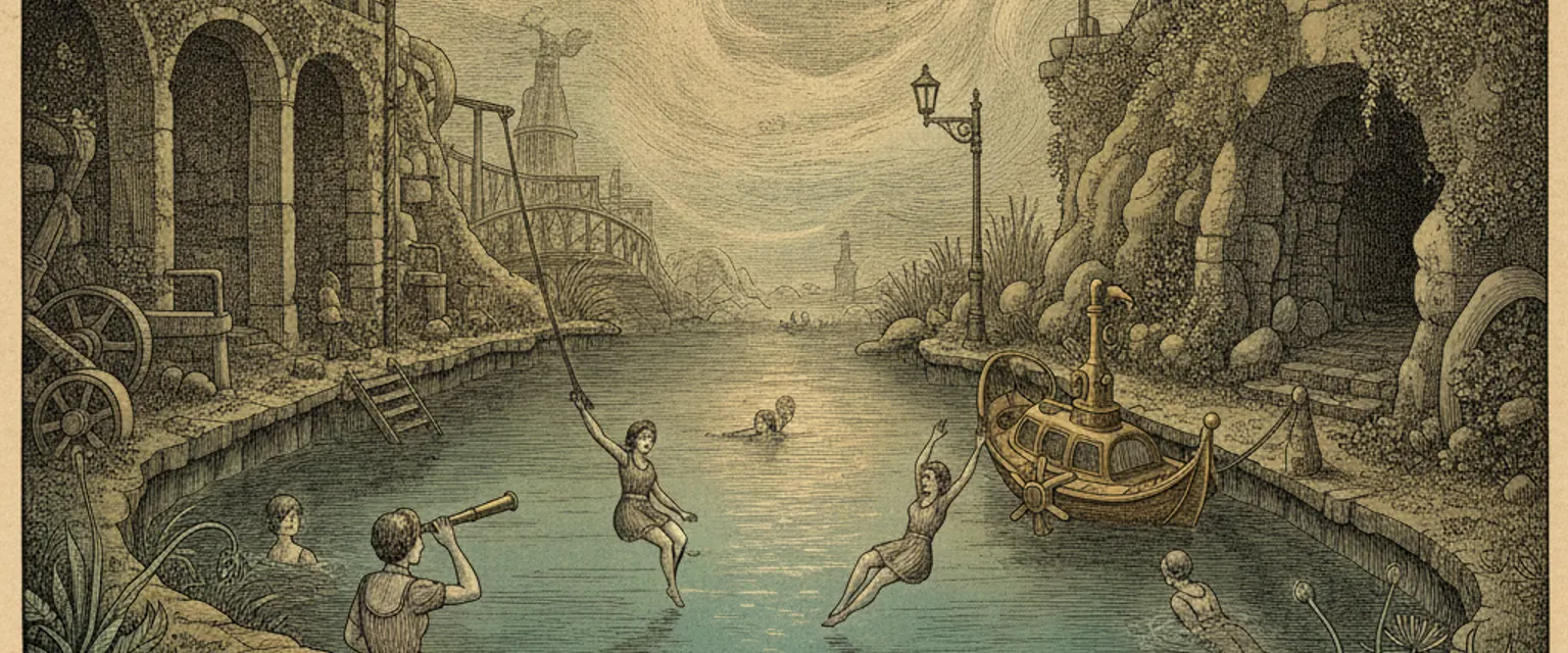 Swimmers in a clean urban harbour bath with city buildings behind