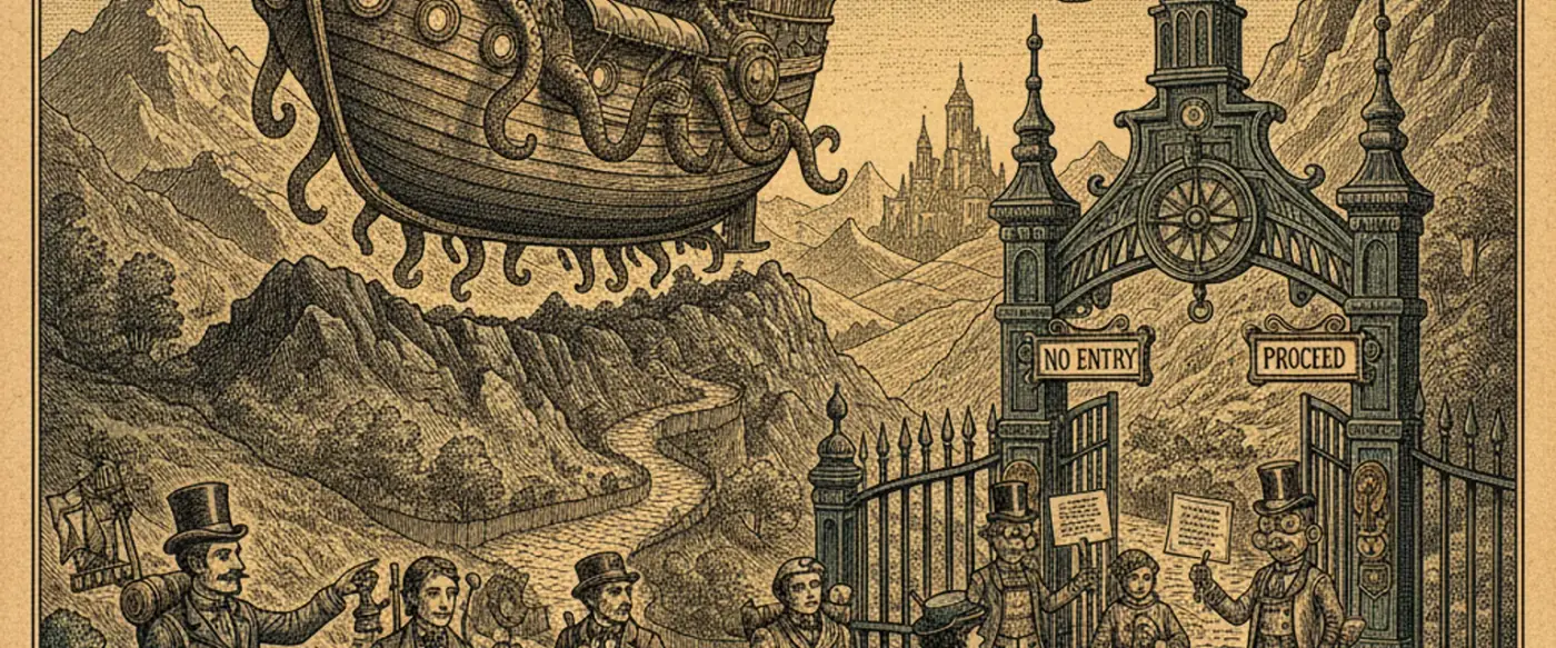 A dusty land border crossing with a queue of travelers and a small immigration booth