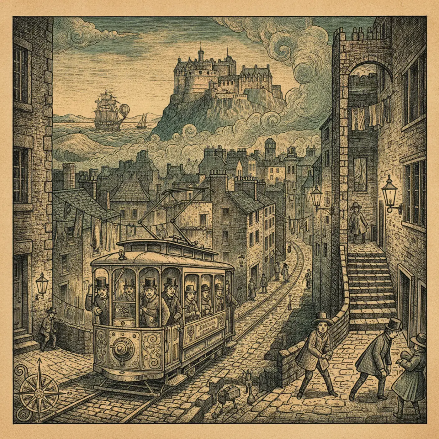 A narrow stone close with worn steps descending steeply between tall Old Town buildings in Edinburgh under grey sky