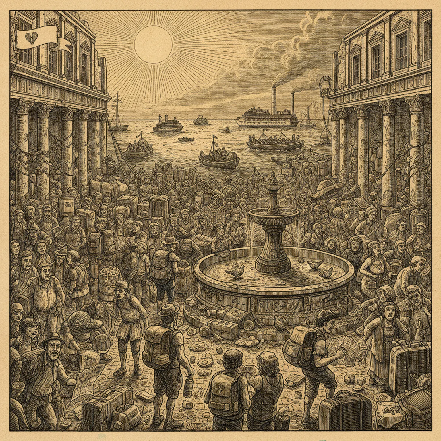 A very long queue outside what appears to be a moderately interesting fountain in the midday sun