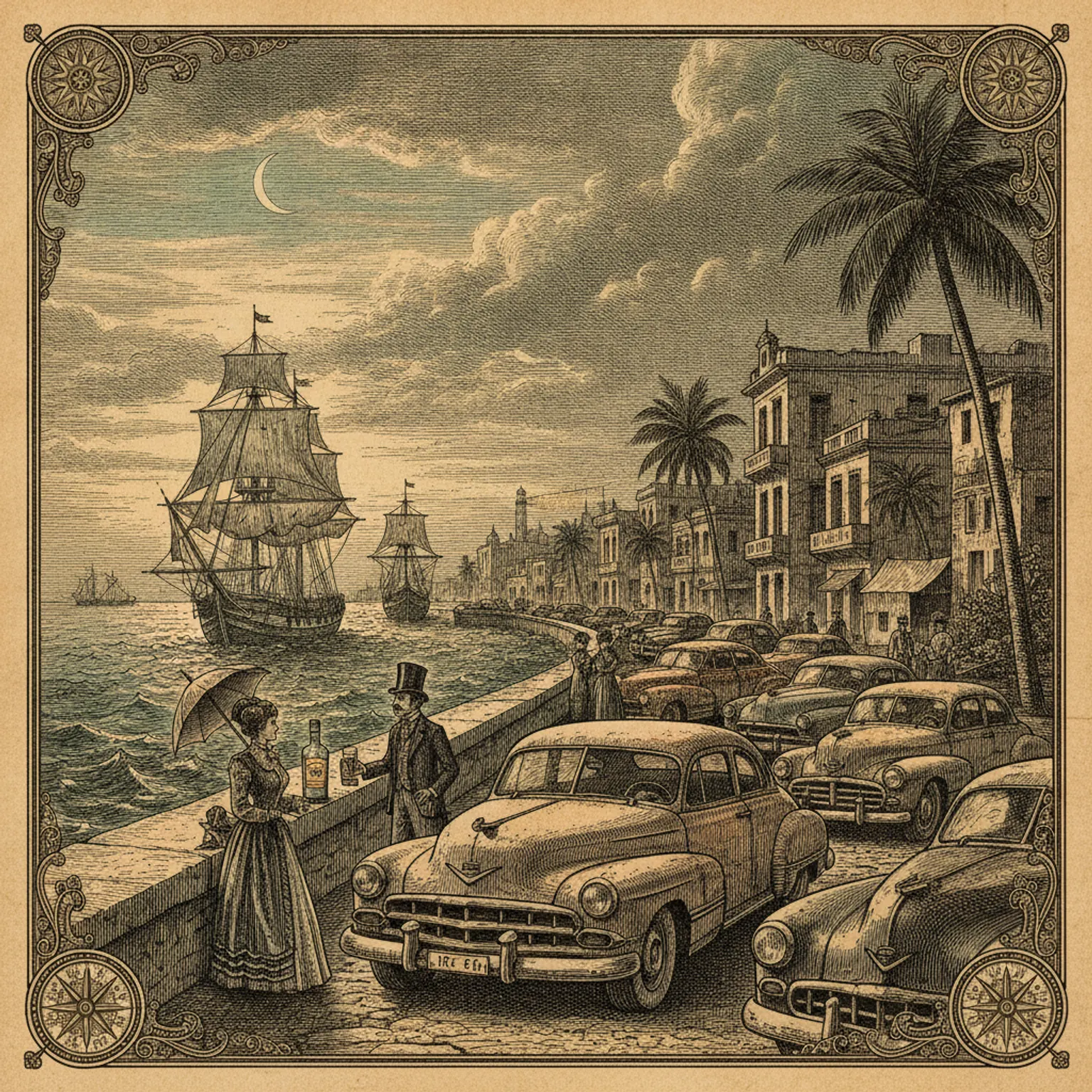 A row of colourful 1950s American classic cars parked on Havana's Malecón promenade at sunset