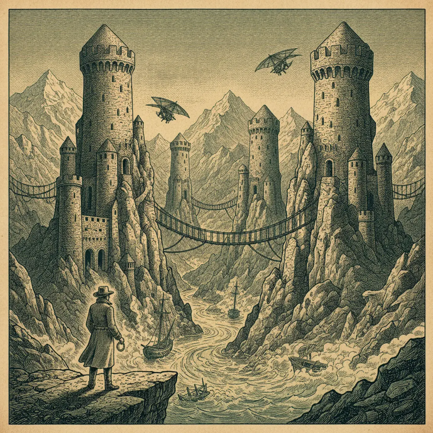 Tall medieval stone towers rising from a green alpine village below snow-capped Caucasus peaks