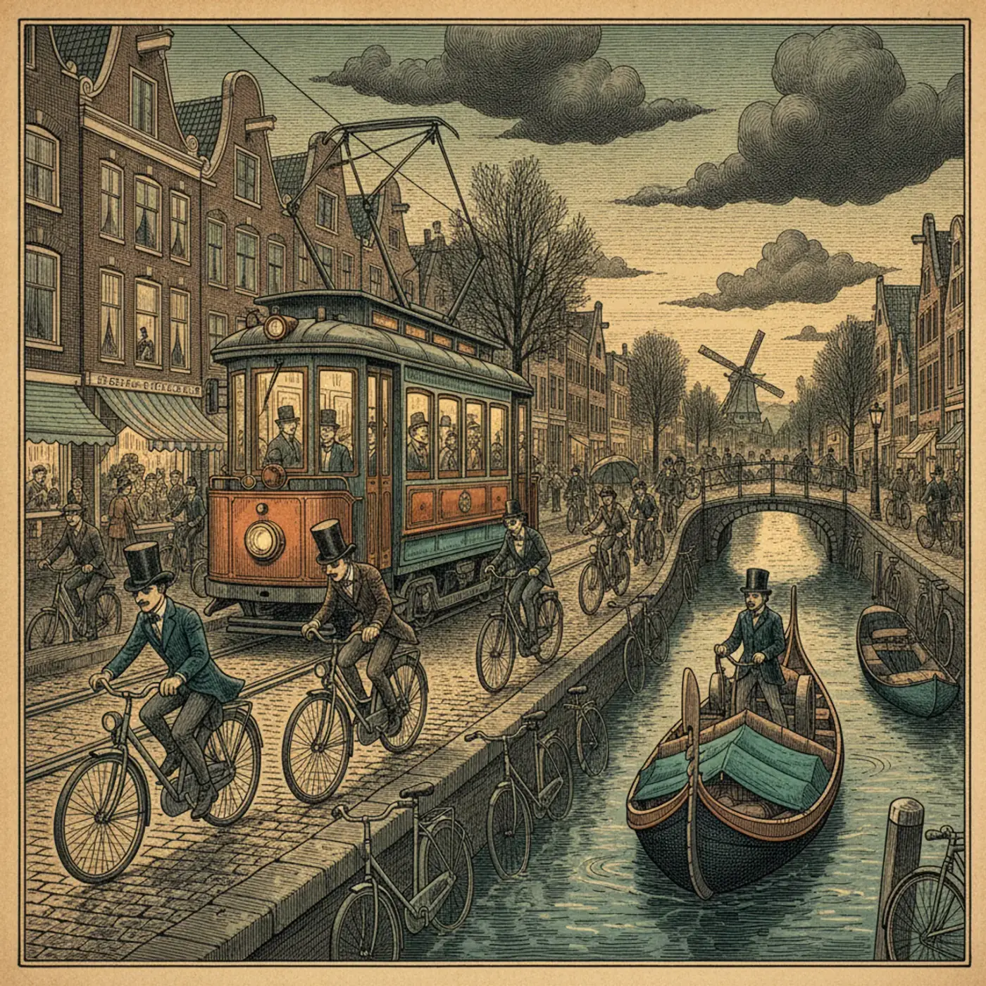 Cyclists riding along a red-paved bike lane beside an Amsterdam canal with a tram passing on the road behind them