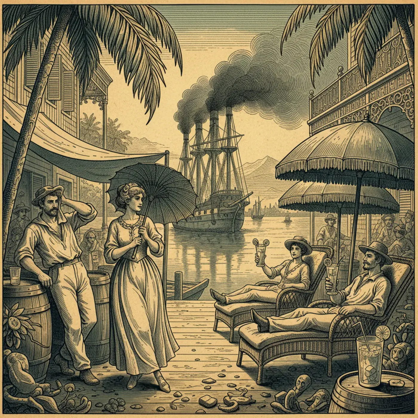 A traveler in a light long-sleeved shirt and wide hat resting in deep shade with a water bottle during the hottest part of the day
