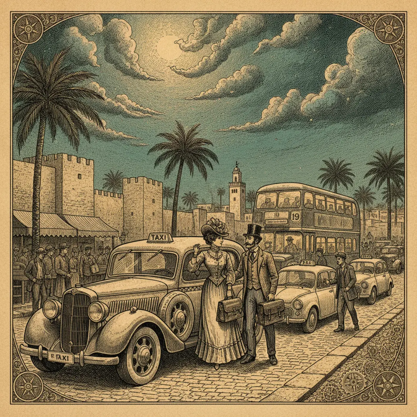 A row of beige petits taxis parked near Djemaa el-Fna square in Marrakech with the Koutoubia mosque minaret in the background