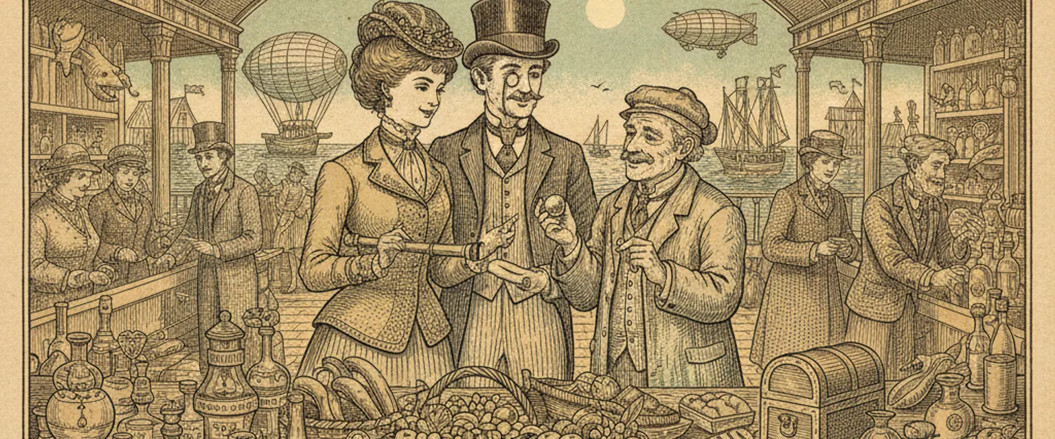 A market stall piled with goods, a vendor and a shopper mid-conversation over a price
