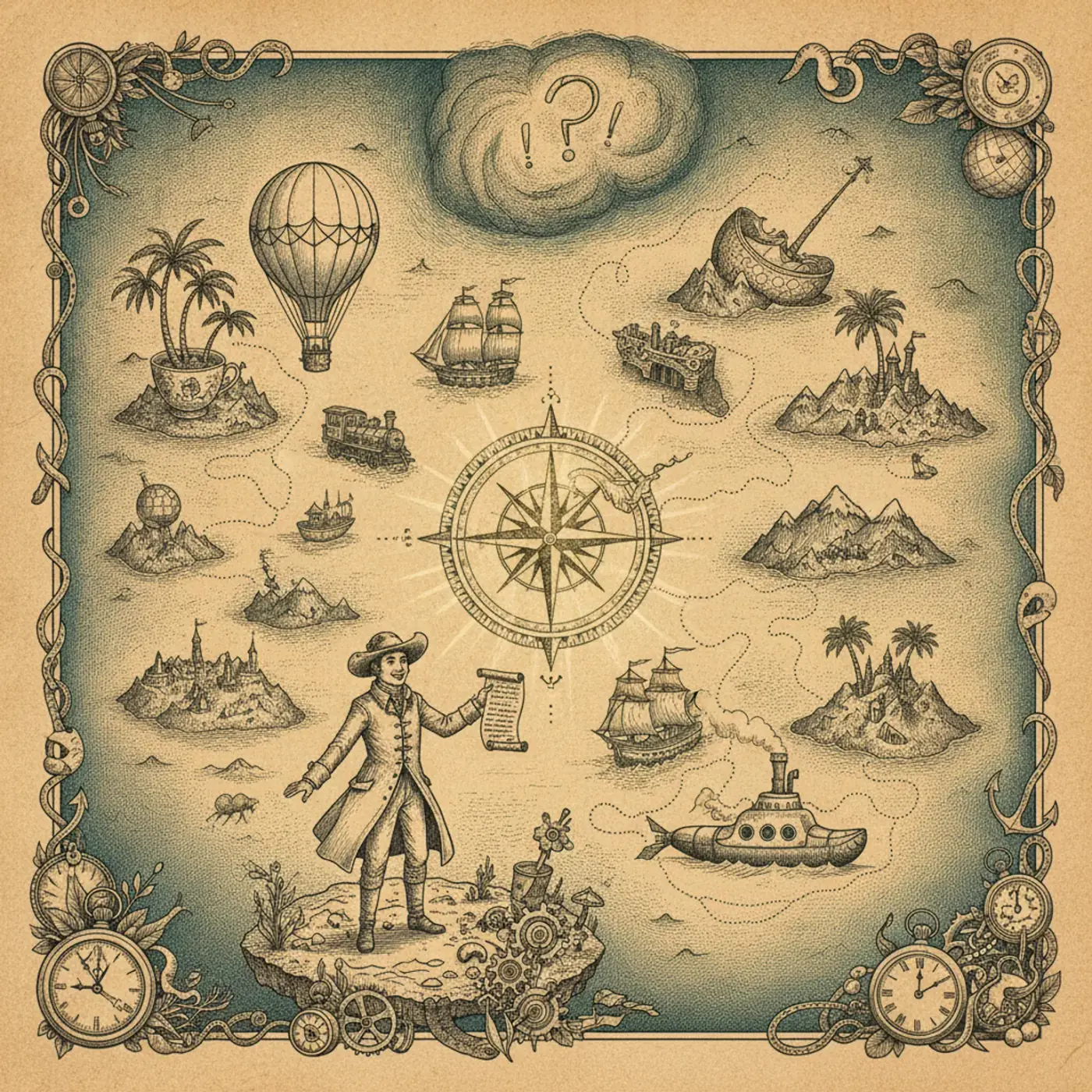 A traveler with a backpack standing at a crossroads on a sun-drenched cobblestone street, looking at an old handwritten map