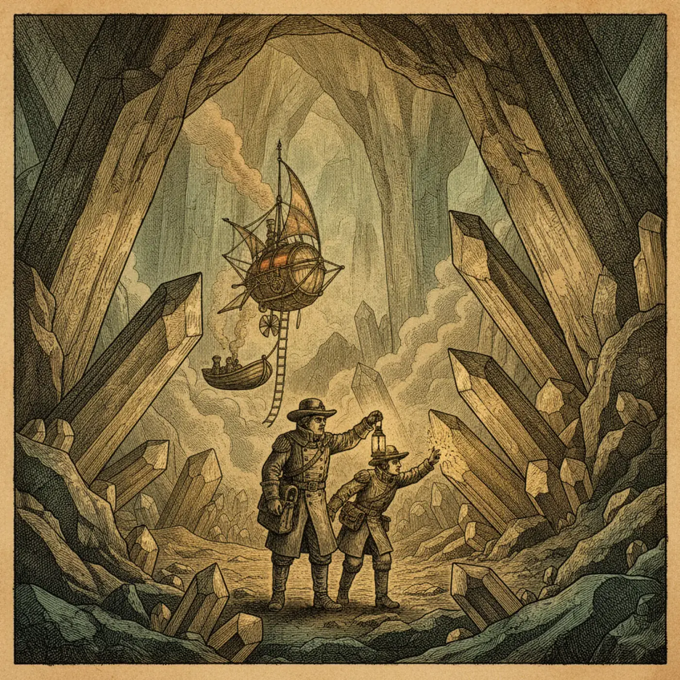 Giant translucent selenite crystal beams crossing a dark underground cavern