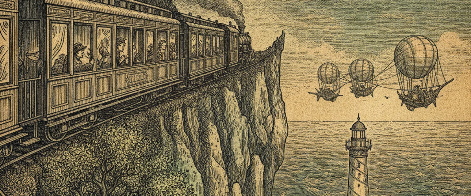 A small train crossing a tall stone viaduct over a deep green river gorge in the mountains