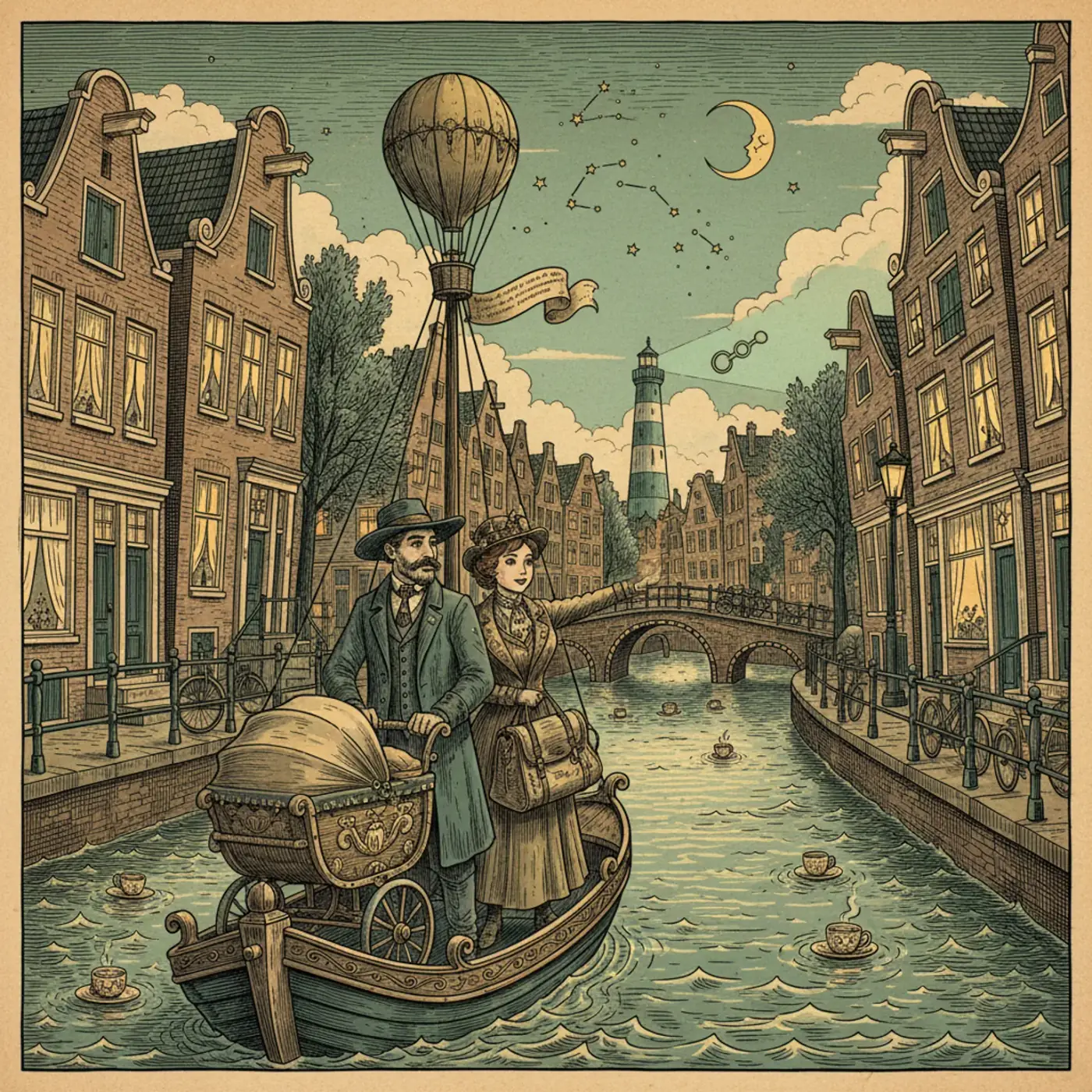 Parents pushing a stroller along an Amsterdam canal at golden hour, historic gabled houses reflected in the water