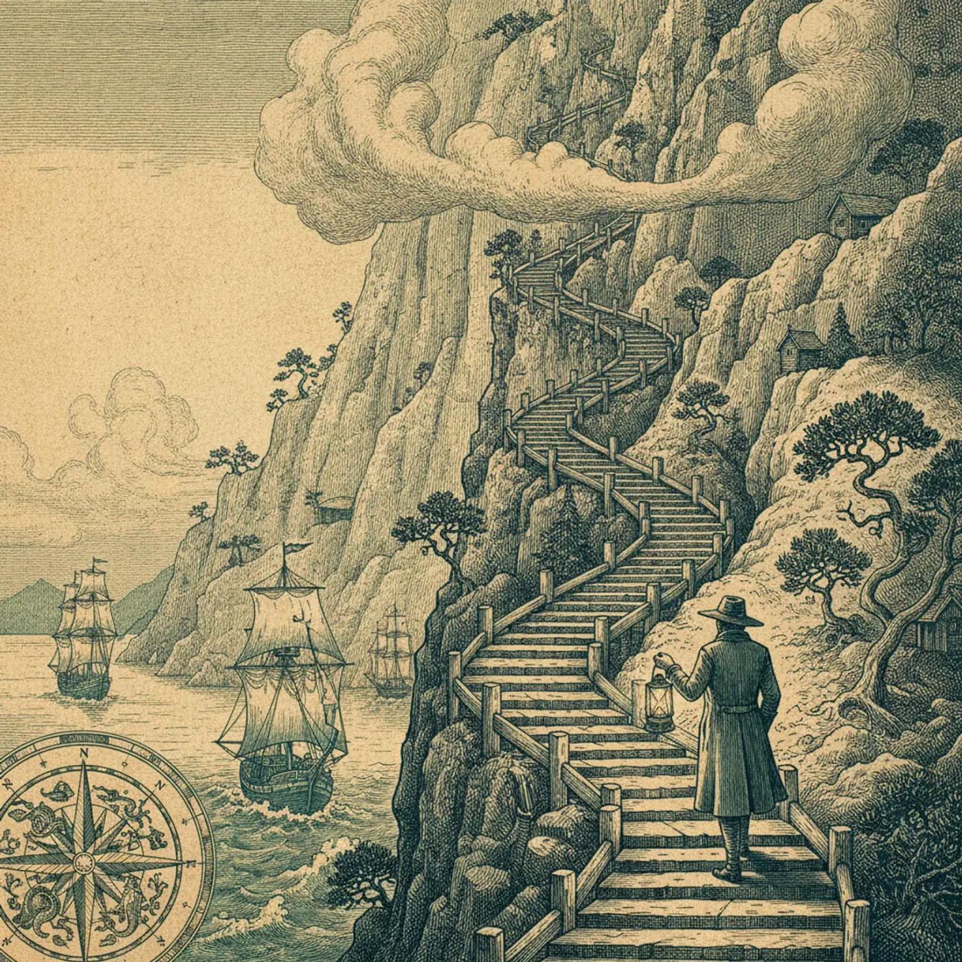 A long wooden staircase climbing steeply up a green fjord cliff face