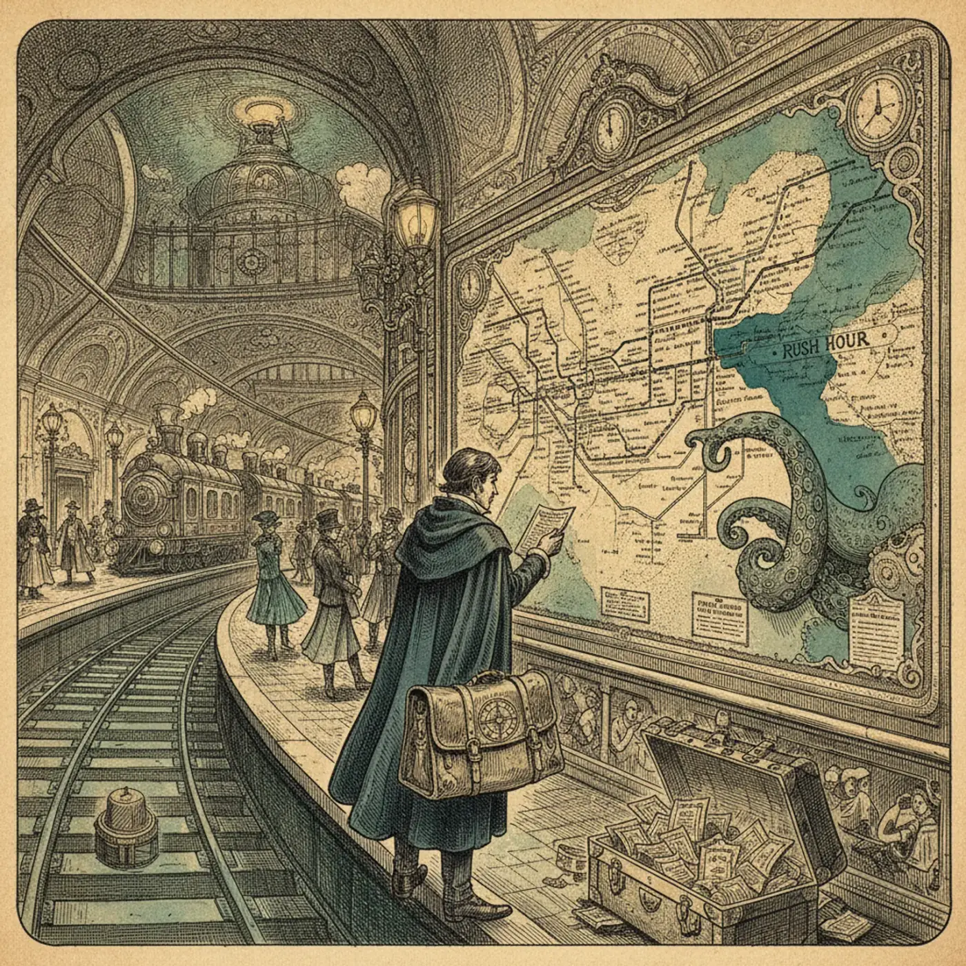 An ornate green Art Nouveau Métropolitain entrance sign above a Paris metro staircase