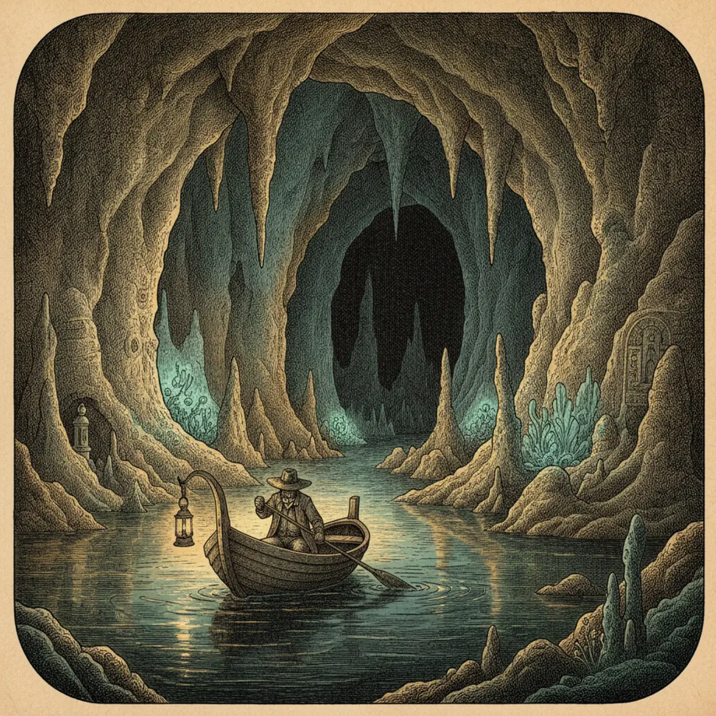 A small paddle boat with travelers entering the dark mouth of the Puerto Princesa subterranean river cave in Palawan