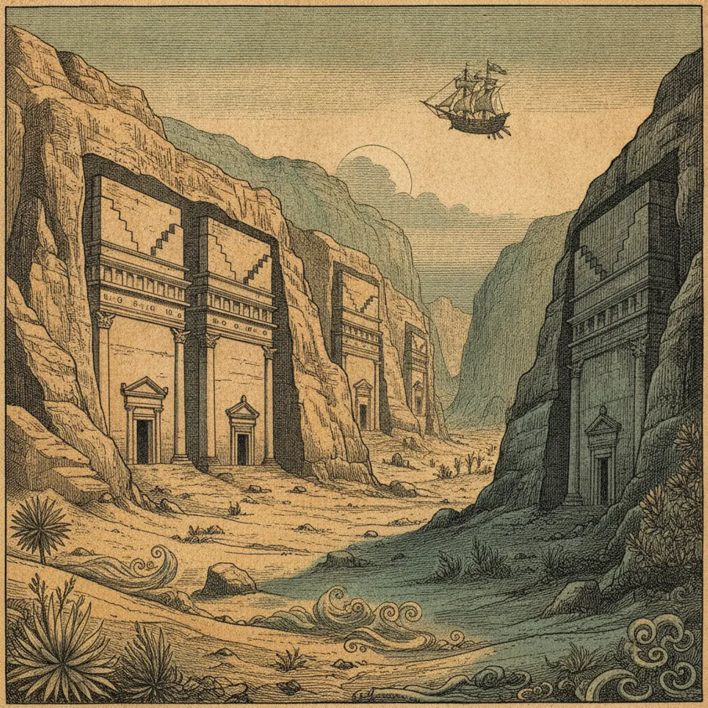 A monumental Nabataean tomb facade carved into a sandstone outcrop at Hegra in AlUla, Saudi Arabia, under empty desert sky