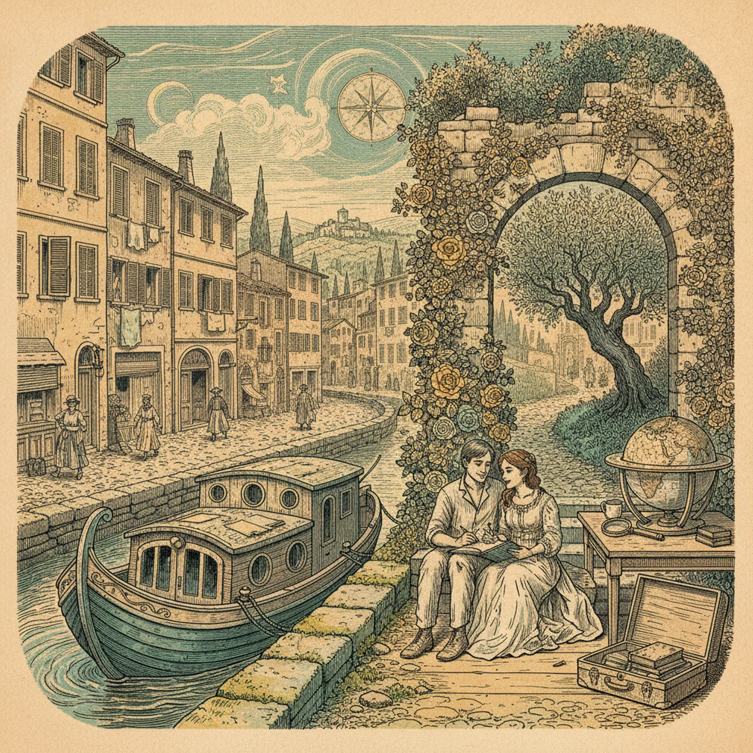 A small stone piazza in a hill town with one café table in dappled shade