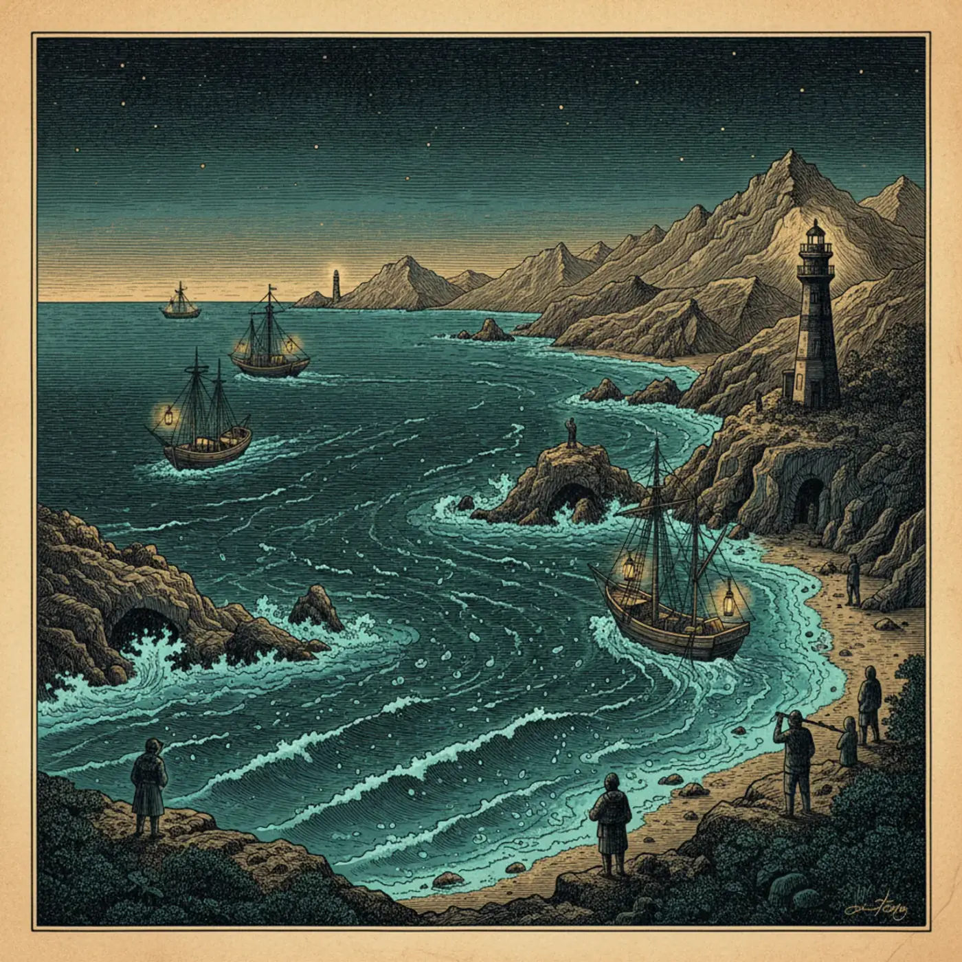 A dark shoreline at night with glowing electric-blue bioluminescent waves breaking on rocks