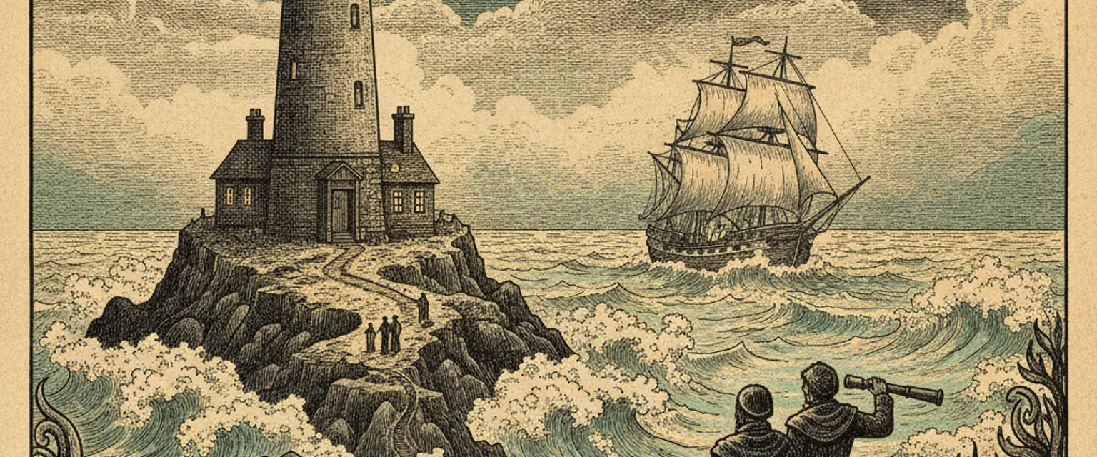 A white lighthouse on a rocky headland at dusk with its beam sweeping over a dark sea