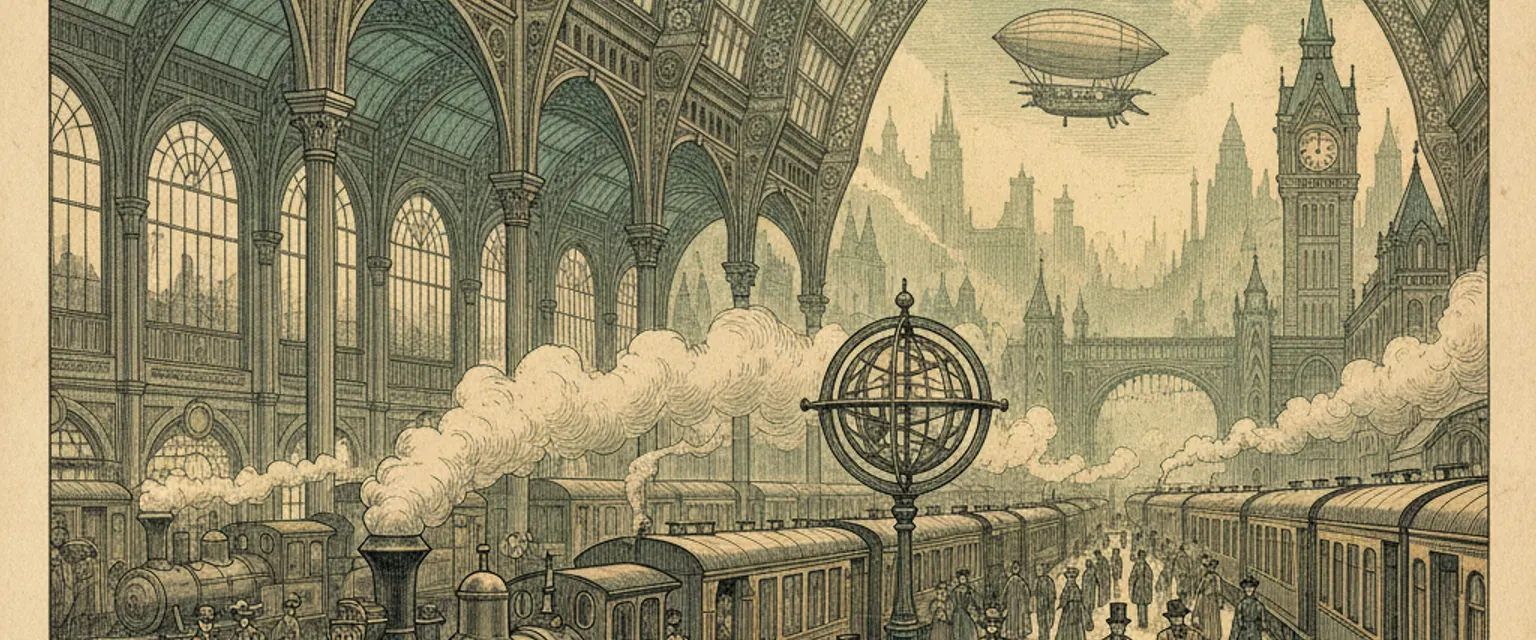 A vast vaulted train station hall with ornate stonework, a giant clock, and light pouring through arched windows