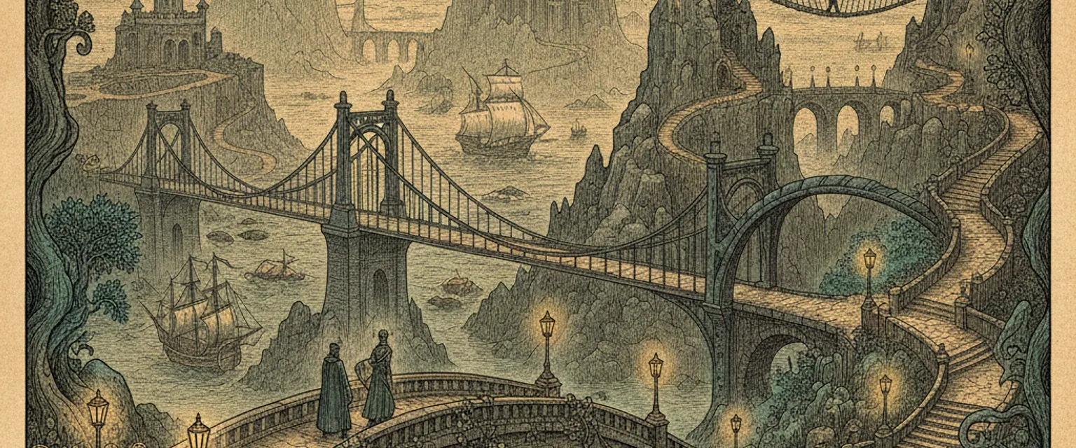 A long suspension bridge in golden light with a pedestrian walkway stretching toward distant towers
