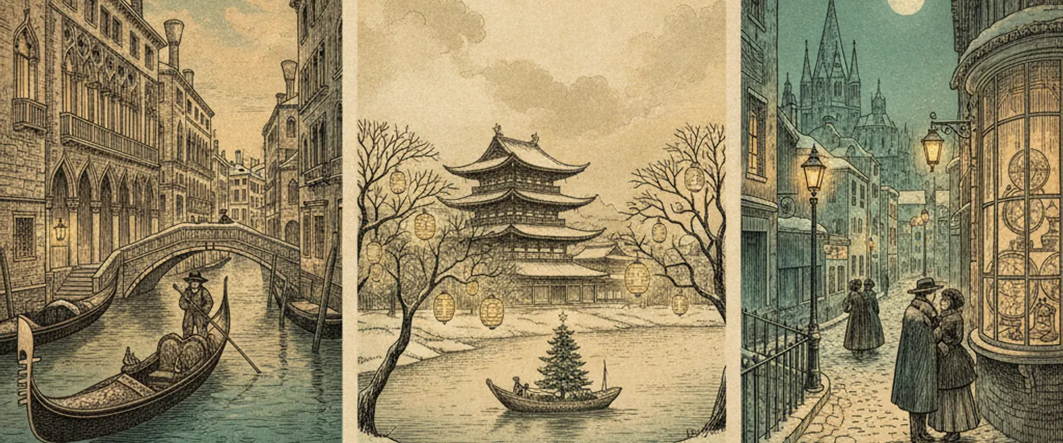 A snowy city street at night decorated with golden Christmas lights and a tall lit tree in a public square