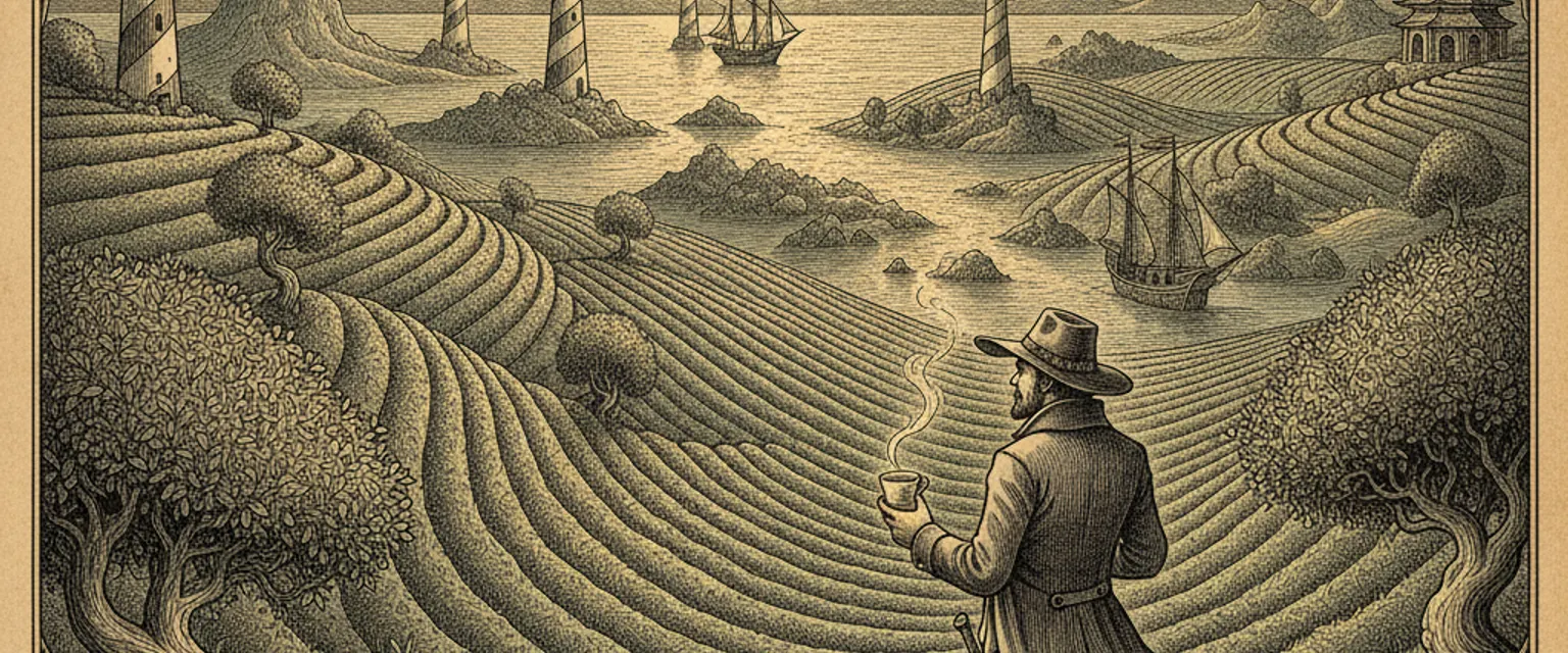 Rolling green tea terraces wrapped in morning mist with a single pluckers' path winding up the hillside