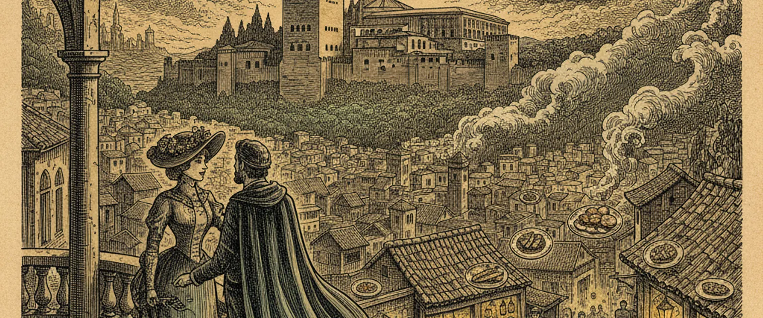 The Alhambra palace complex glowing at sunset above Granada with the Sierra Nevada behind