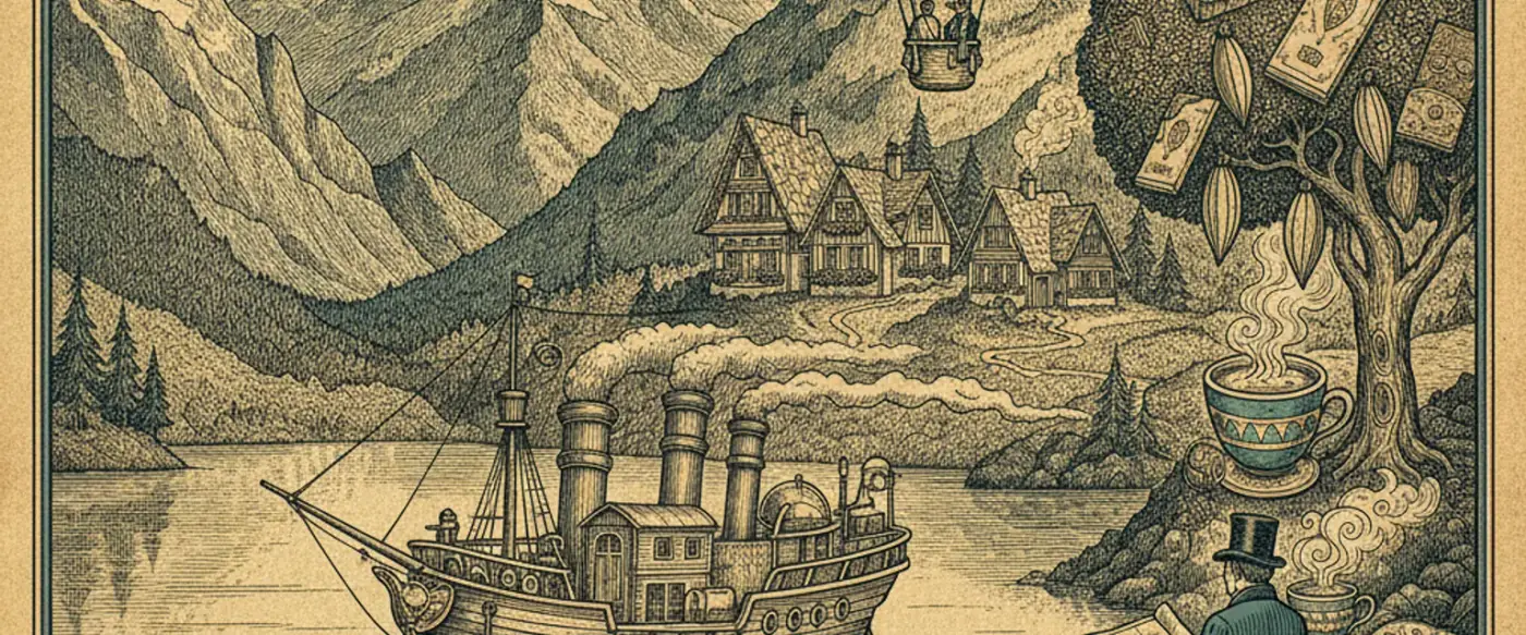 Engraved illustration of Bariloche's Nahuel Huapi lake ringed by snow-capped Andean peaks