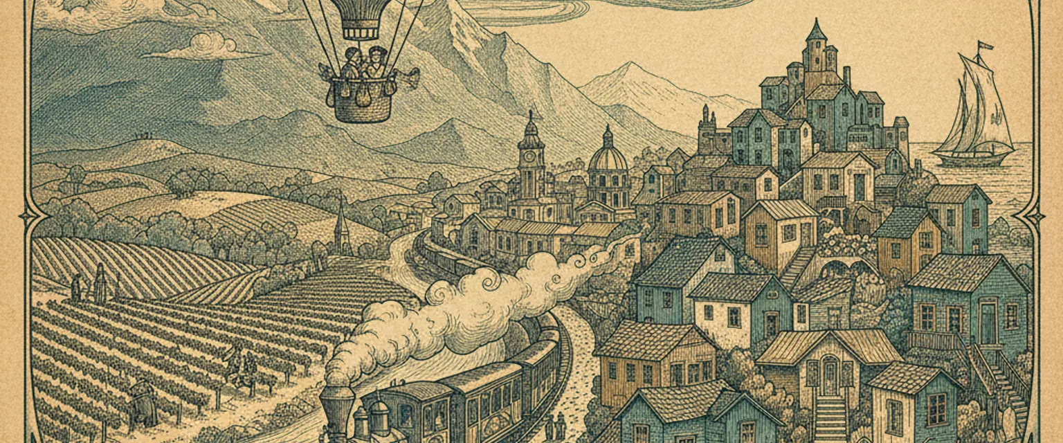 Engraved illustration of Santiago's skyline with the snow-capped Andes rising behind