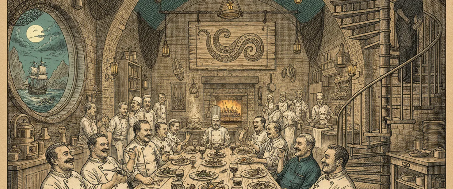 Off-duty cooks in stained whites eating at a steamy late-night hole-in-the-wall restaurant
