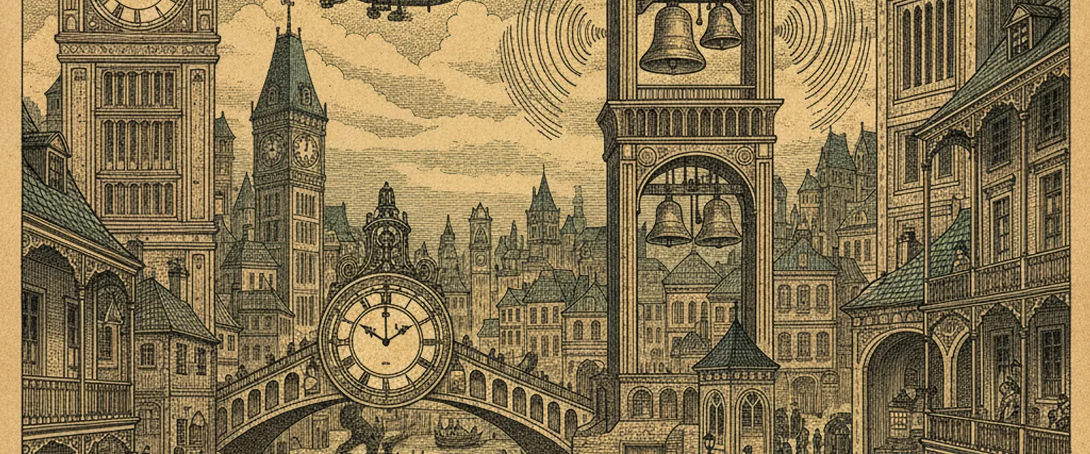 An ornate stone belfry tower rising above a medieval town square at golden hour