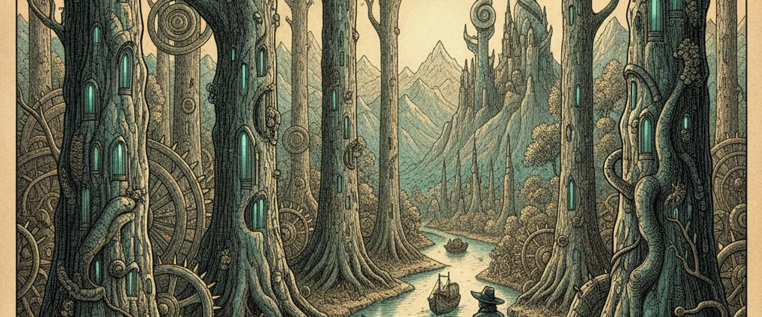 A grove of pine trees all bent sharply at the base in the same direction, curving north