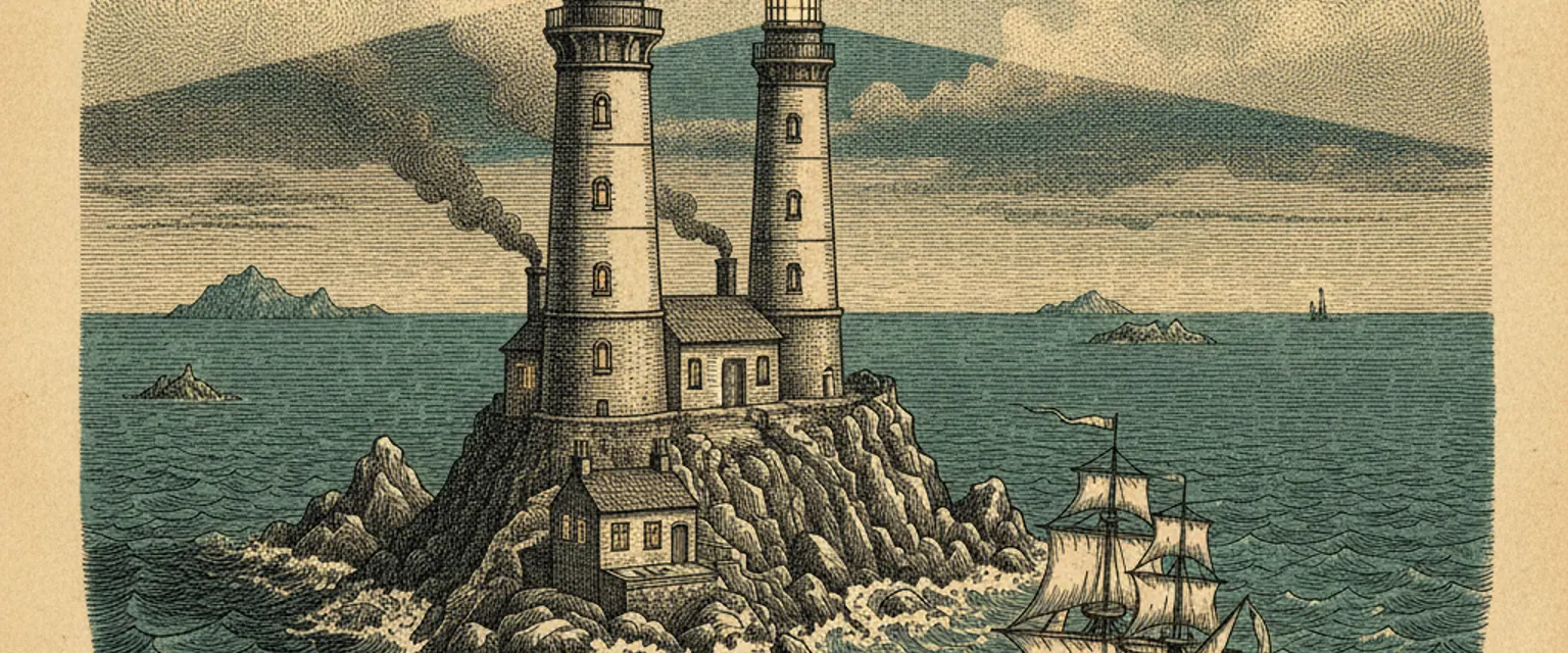 A white lighthouse on a rocky headland at dusk with the lamp beginning to glow