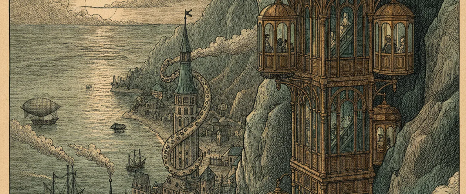 A wrought-iron public elevator rising above terracotta rooftops with a sweeping city view
