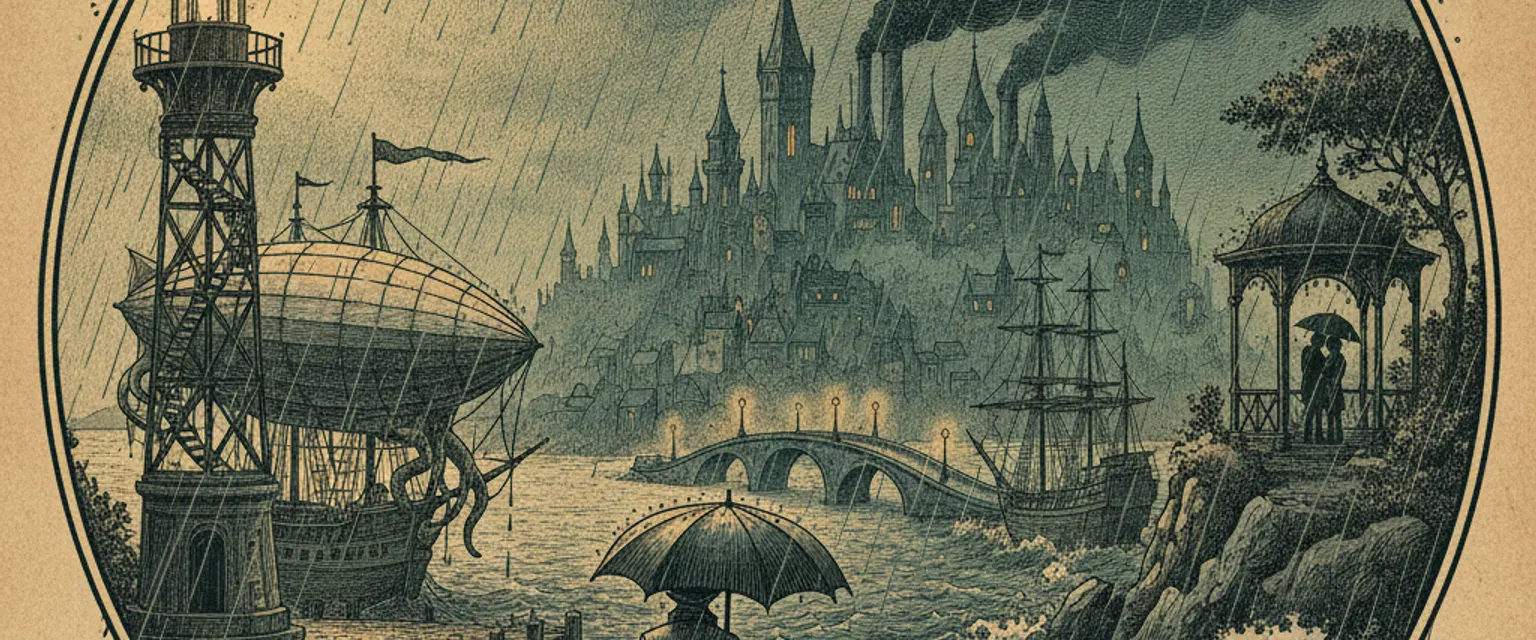 A glistening cobblestone street in an old European city reflecting warm lamplight under steady rain