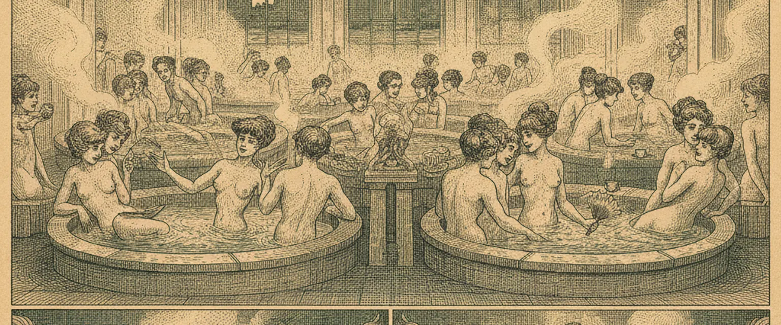 Steam rising over an ornate tiled thermal bath under a domed ceiling