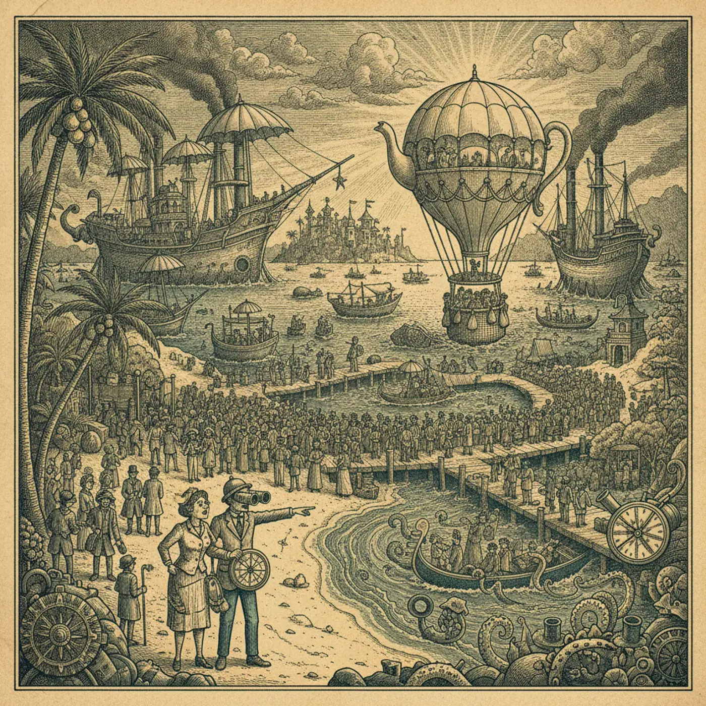 Overflowing crowd of tourists queuing at a Balinese temple gate at sunrise, motorbikes and selfie sticks everywhere