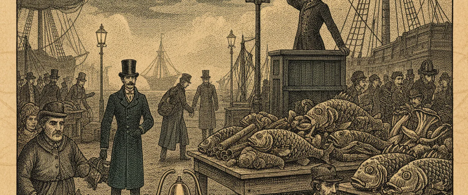 A pre-dawn fish auction floor with crates of ice and traders inspecting the catch