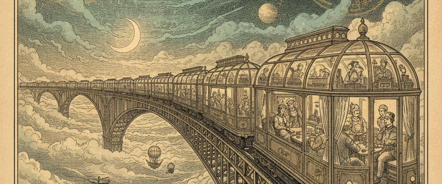 Interior of a glass-roofed train carriage at night with passengers reclining and a starry sky visible overhead